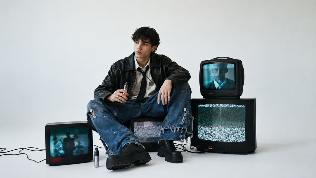 Young man seated among CRT televisions holding a CAPNOS