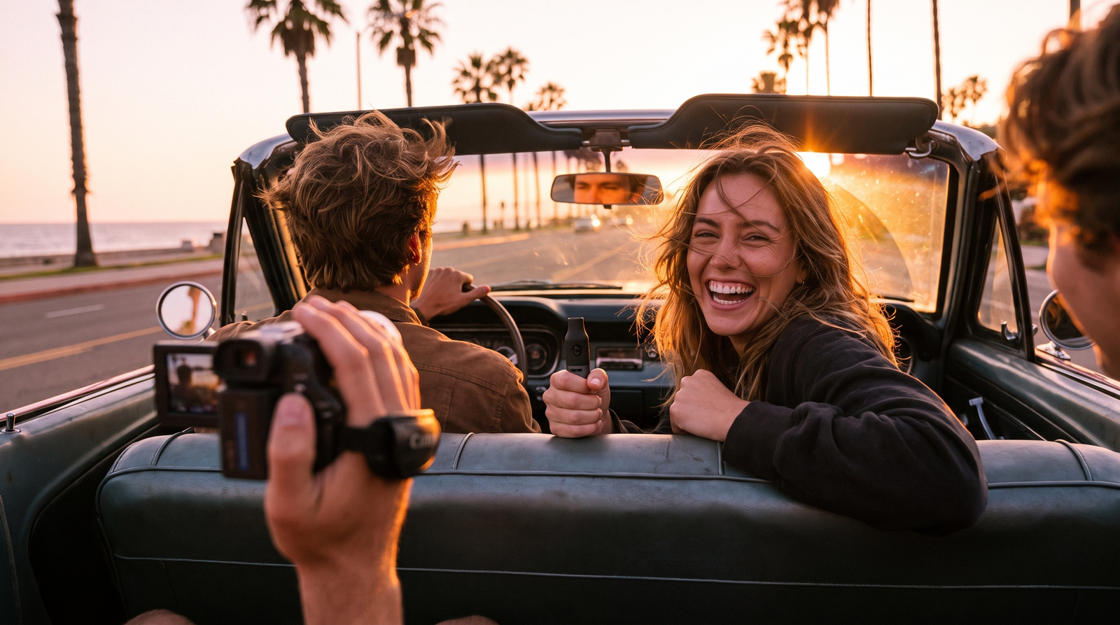 Friends in a vintage convertible at sunset. One holds a CAPNOS Legura while another films on a camcorder.