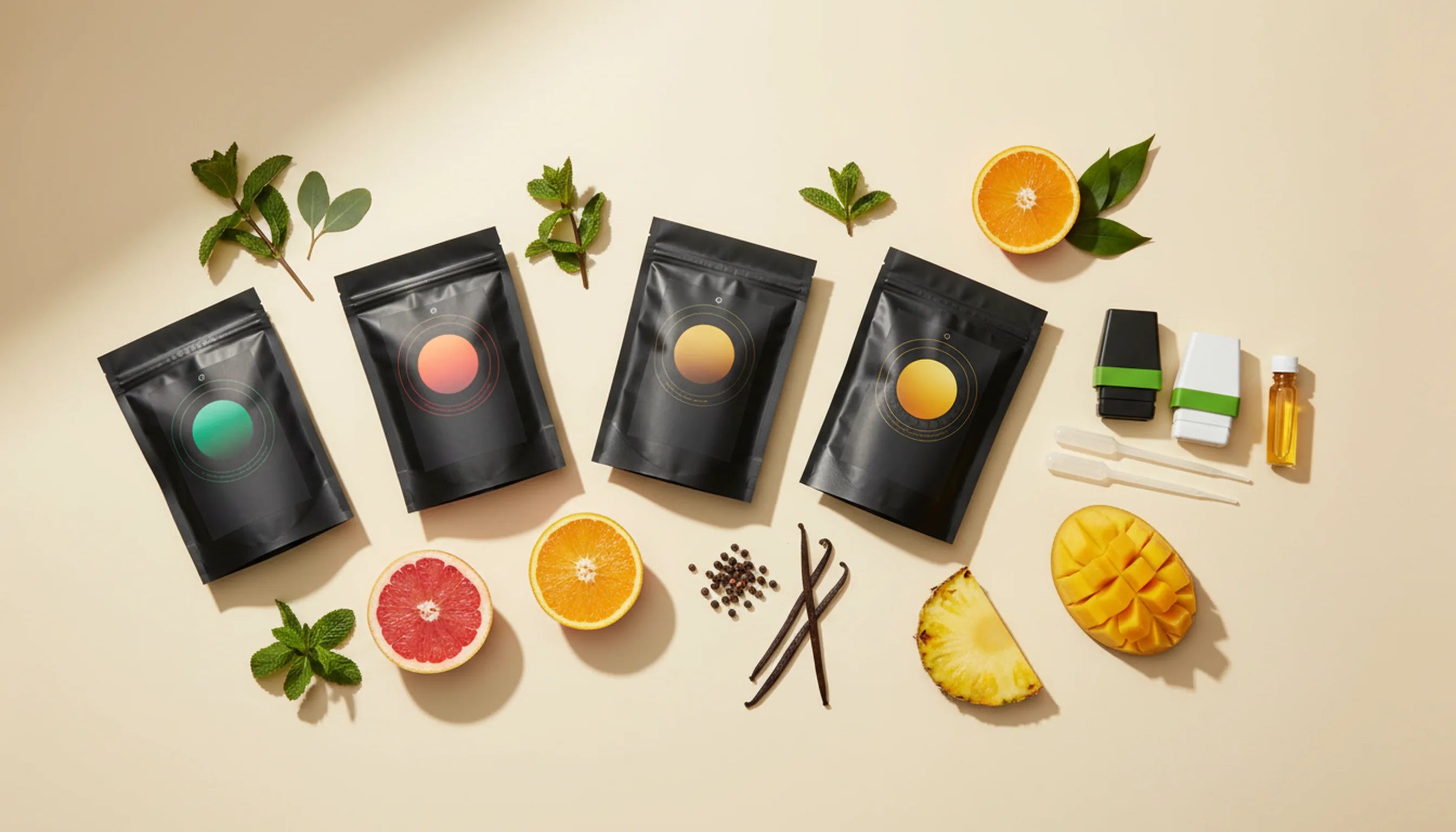 The full CAPNOS flavor range - four wick packs and a flavor cap set with fresh botanicals and fruit