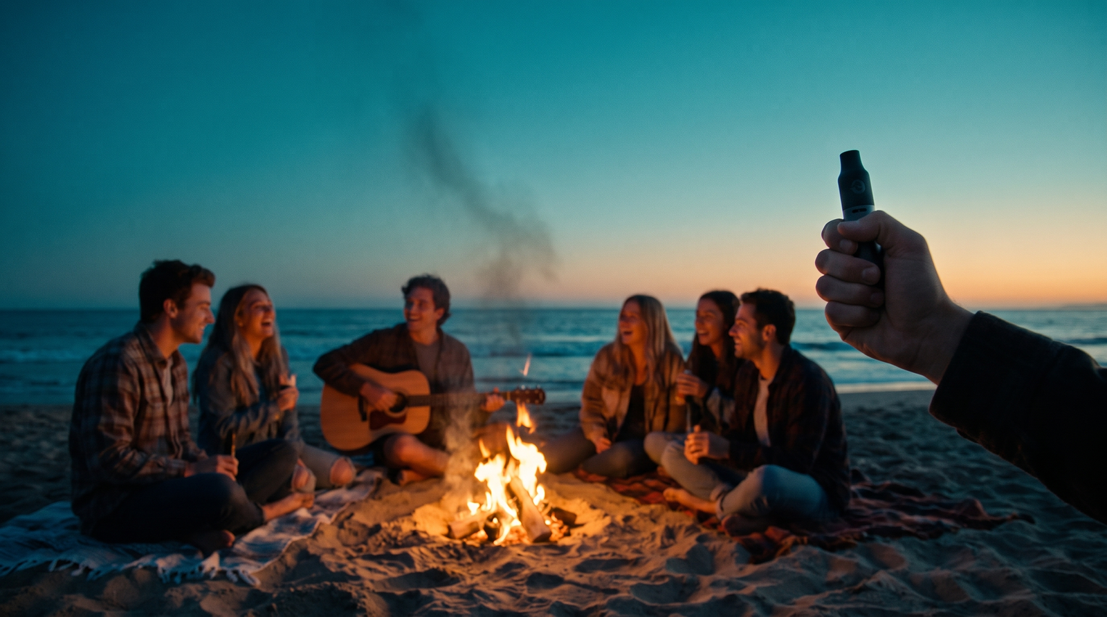 Friends around a beach bonfire at dusk with a hand raising a CAPNOS Legura.