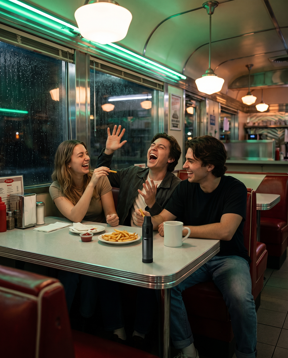 Three friends laughing in a late night diner booth with a CAPNOS Legura on the table.
