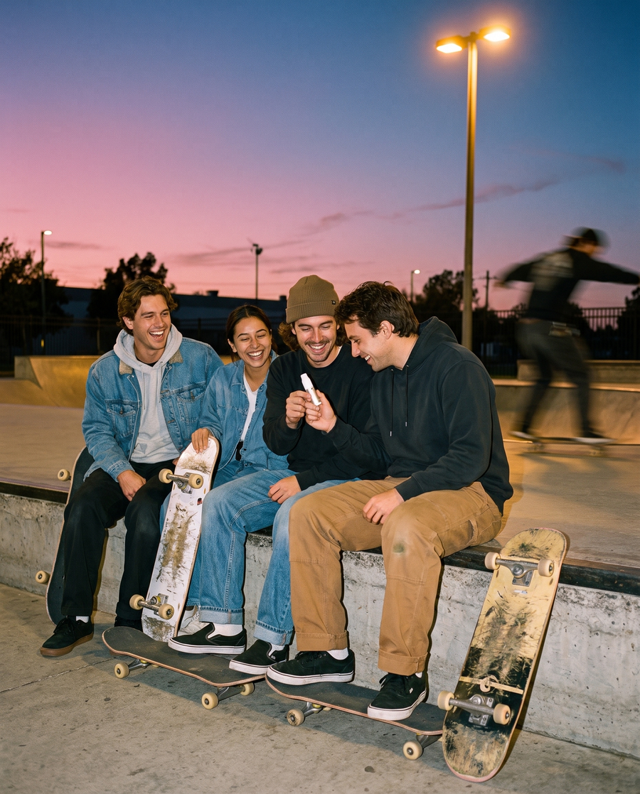 Friends at a skate park at dusk with a CAPNOS BRE-Z.
