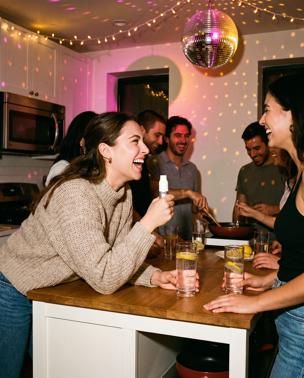 A woman laughing at a kitchen house party, holding a CAPNOS BRE-Z.